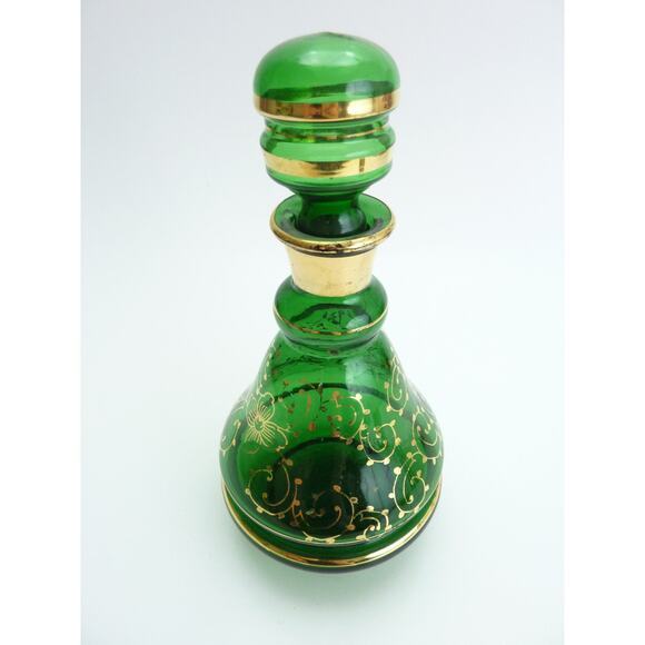 Vintage Green with Gold Accents Glass Bohemian Decanter Potion Bottle - Picture 2 of 5